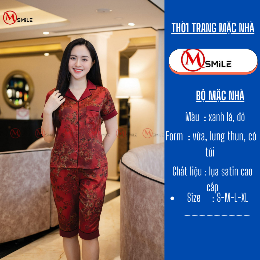Bộ mặc nhà pijama Msmile cao cấp lửng chất lụa satin họa tiết hoa sang trọng mềm mát 290