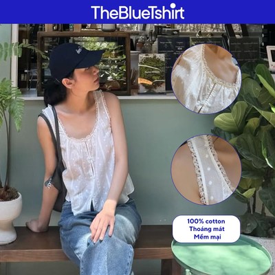 TheBlueTshirt - Áo sát nách phom regular nữ tính hoạ tiết cổ tròn phối ren xếp ly - FLora Top