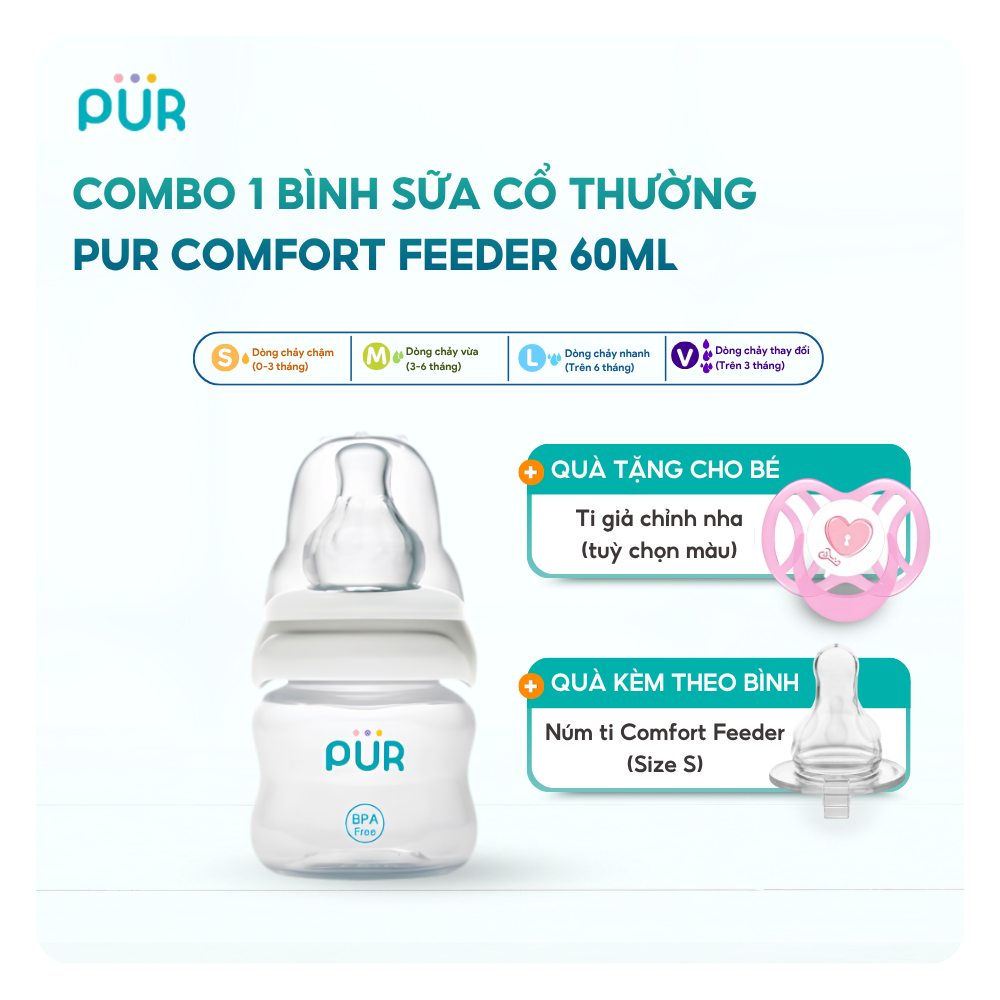 Combo Bình sữa Pur sơ sinh + Núm ti giả CHỈNH NHA Pur
