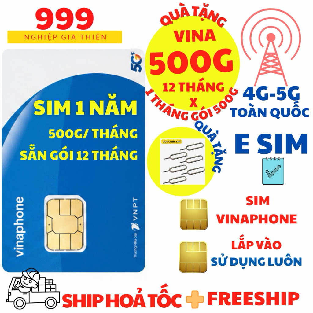Sim mạng 1 năm /U1500/ Vinaphone 500GB/tháng trọn gói 12 tháng miễn phí | Hỗ trợ Esim