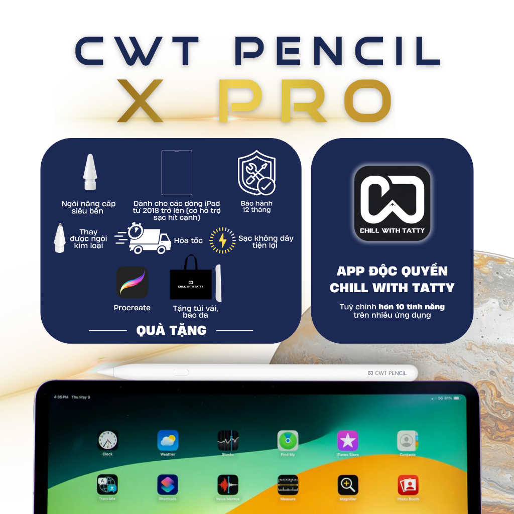 Bút cảm ứng hỗ trợ sạc không dây CWT PENCIL X PRO hít cạnh tiện lợi cho máy tính bảng i.o.s