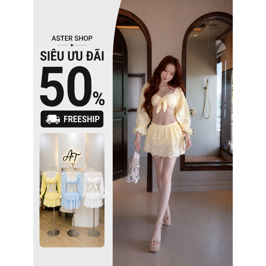 Set Áo Thô Thêu Buộc Nơ Tay Dài + Chân Váy Quần Xếp TầngCao Cấp TKCC BAGEO | Aster Shop