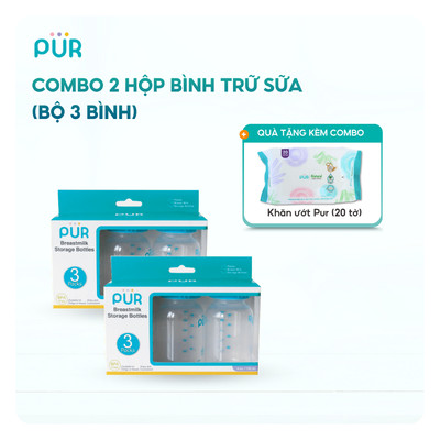 Combo 2 hộp bình trữ sữa Pur, tặng 1 gói khăn ướt Pur 20 tờ