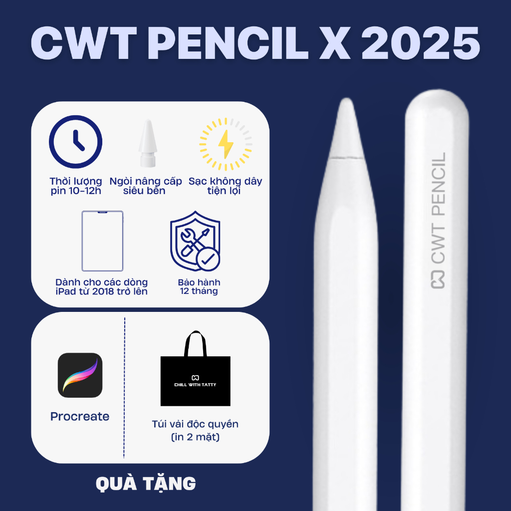 Bút cảm ứng CWT pencil X hỗ trợ sạc không dây - Cảm ứng nét thanh nét đậm