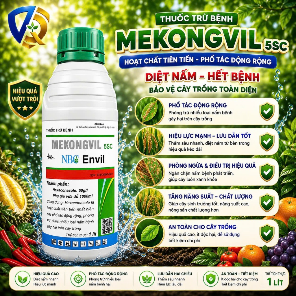 Phòng & Ngừa Nấm Hại Các Loại Cây Trồng, Rau Màu, Hoa Kiểng Mekongvil 5SC 1L Hexaconazole