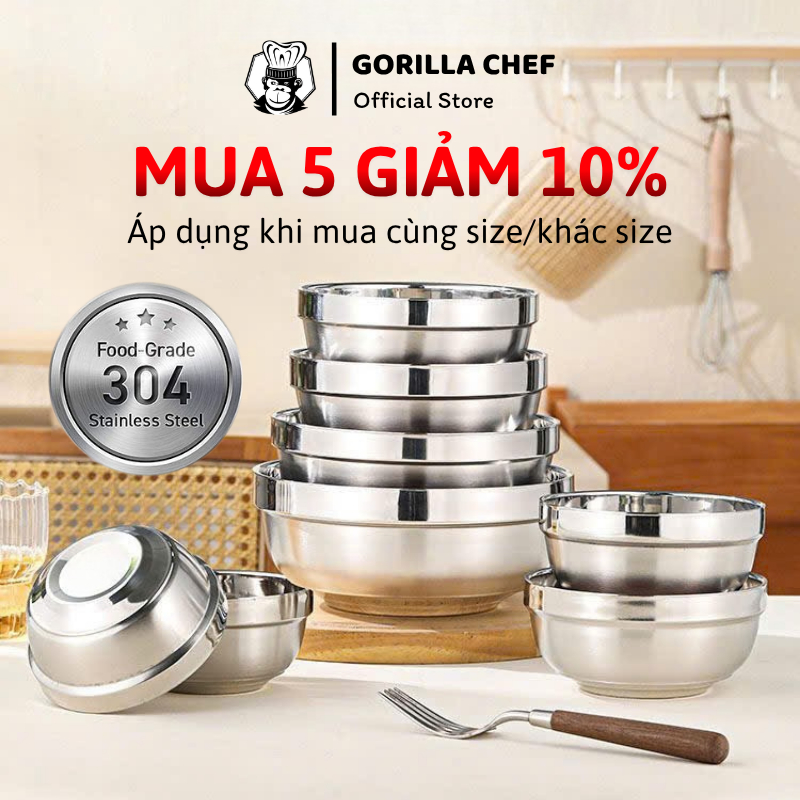 Tô chén bát inox 304 kiểu Hàn Quốc Gorilla Chef 2 lớp cách nhiệt chống bỏng