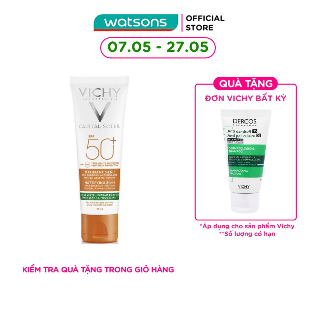 Kem Chống Nắng Vichy Capital Soleil SPF50+ UVB UVA Mattifying 3In1 Chống Ô Nhiễm & Bụi Hàng Ngày 50m