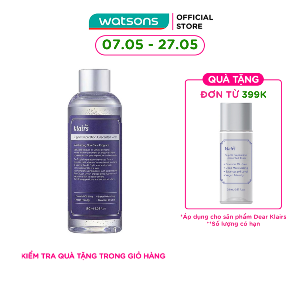 Nước Hoa Hồng Không Mùi Dear Klairs Supple Preparation Unscented 180ml
