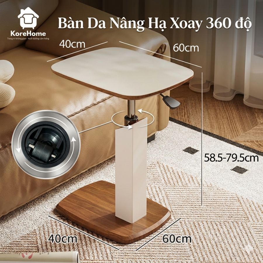 [Mới] Bàn Nâng Phụ Thông Minh Xoay 360° Mặt Da Yên Ngựa Cao Cấp Chân Gỗ Óc Chó Điều Chỉnh Độ Cao 57-