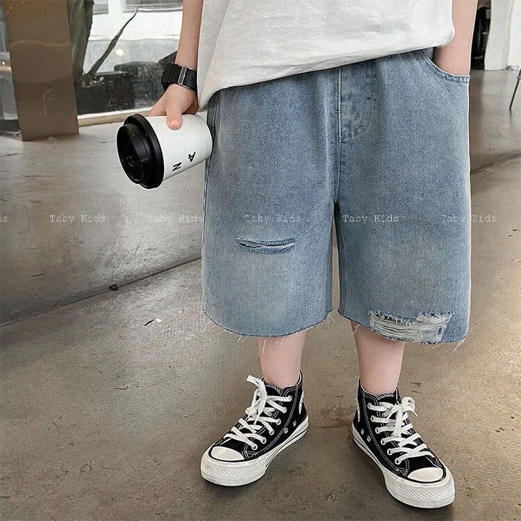 TB129 Quần jeans lửng phối rách Taby Kids, chất liệu jeans mềm mại, thoáng khí cho bé trai 8-27kg
