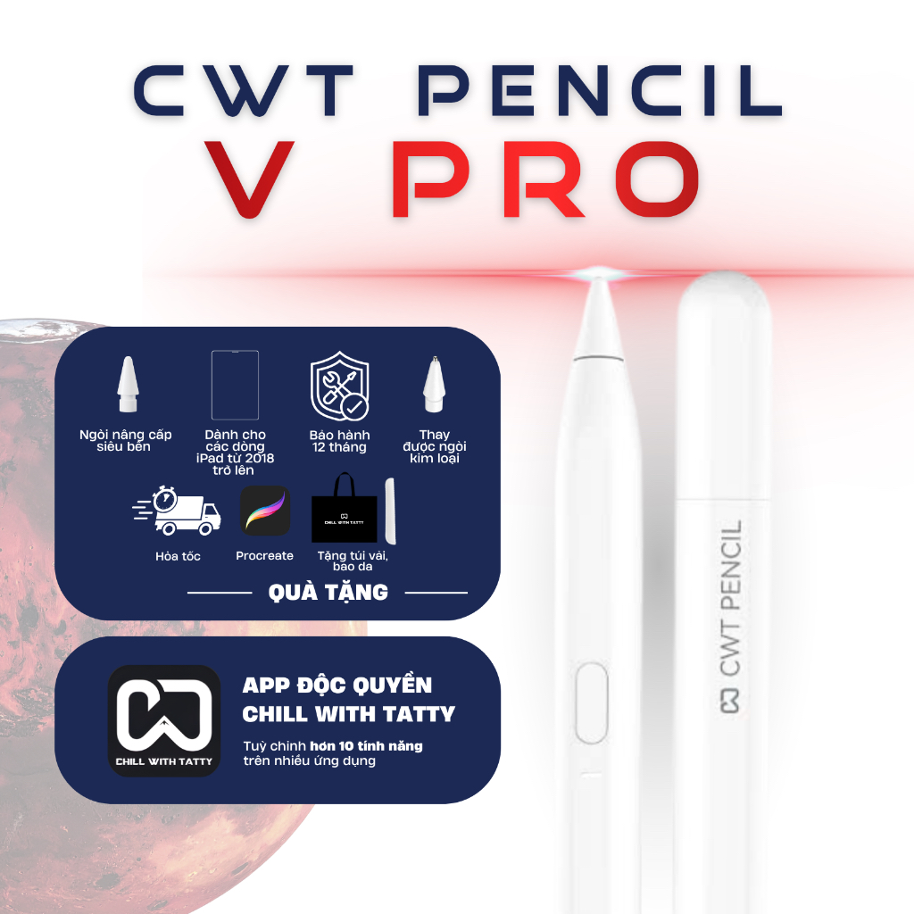 Bút cảm ứng CWT PENCIL V PRO dùng cho máy tính bảng i.o.s từ 2018 trở đi, có hỗ trợ tì đè