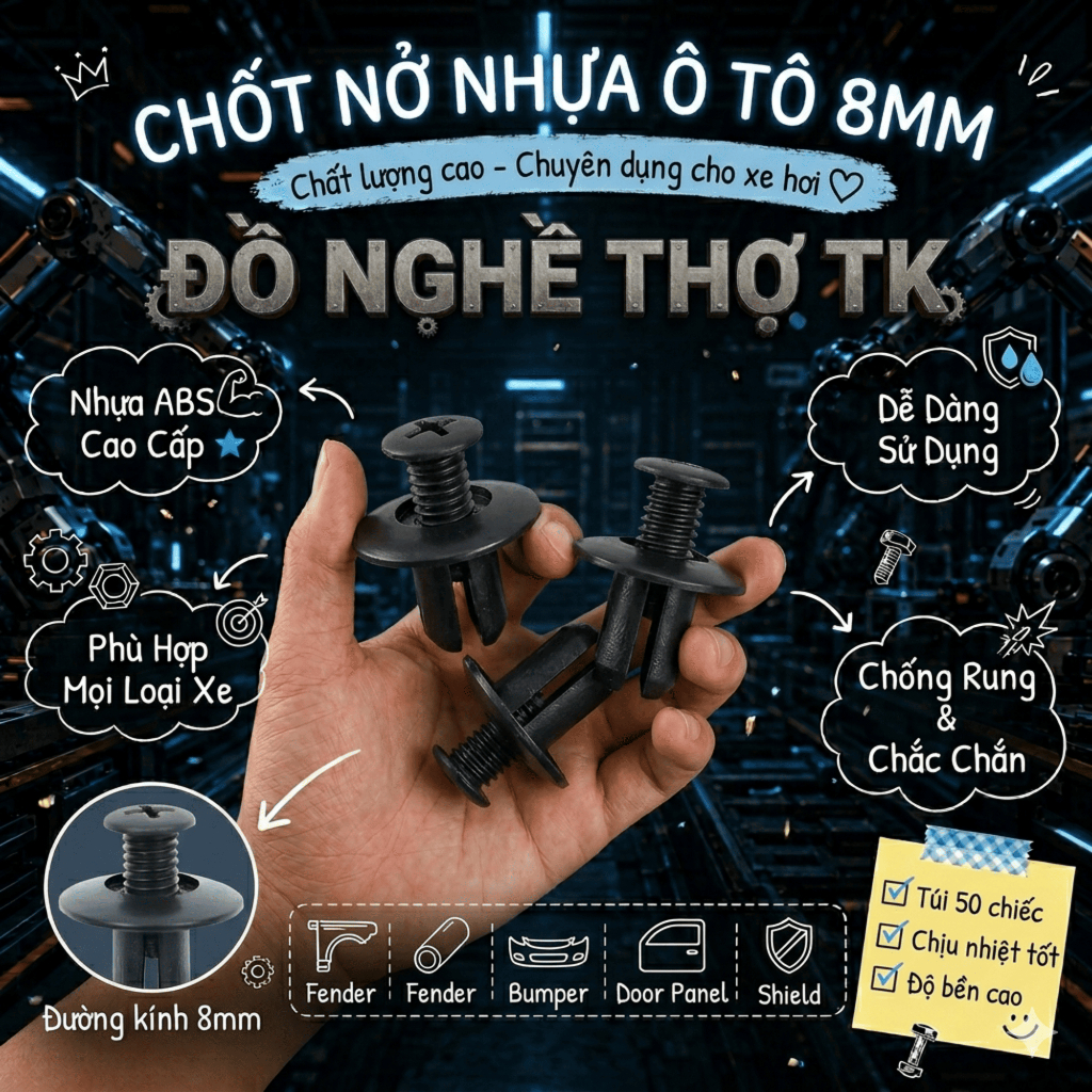 Chốt Nhựa Ô Tô 8mm Có Ren – Chốt Nở Cản Xe, Chắn Bùn, Ốp Nội Thất Xe Hơi