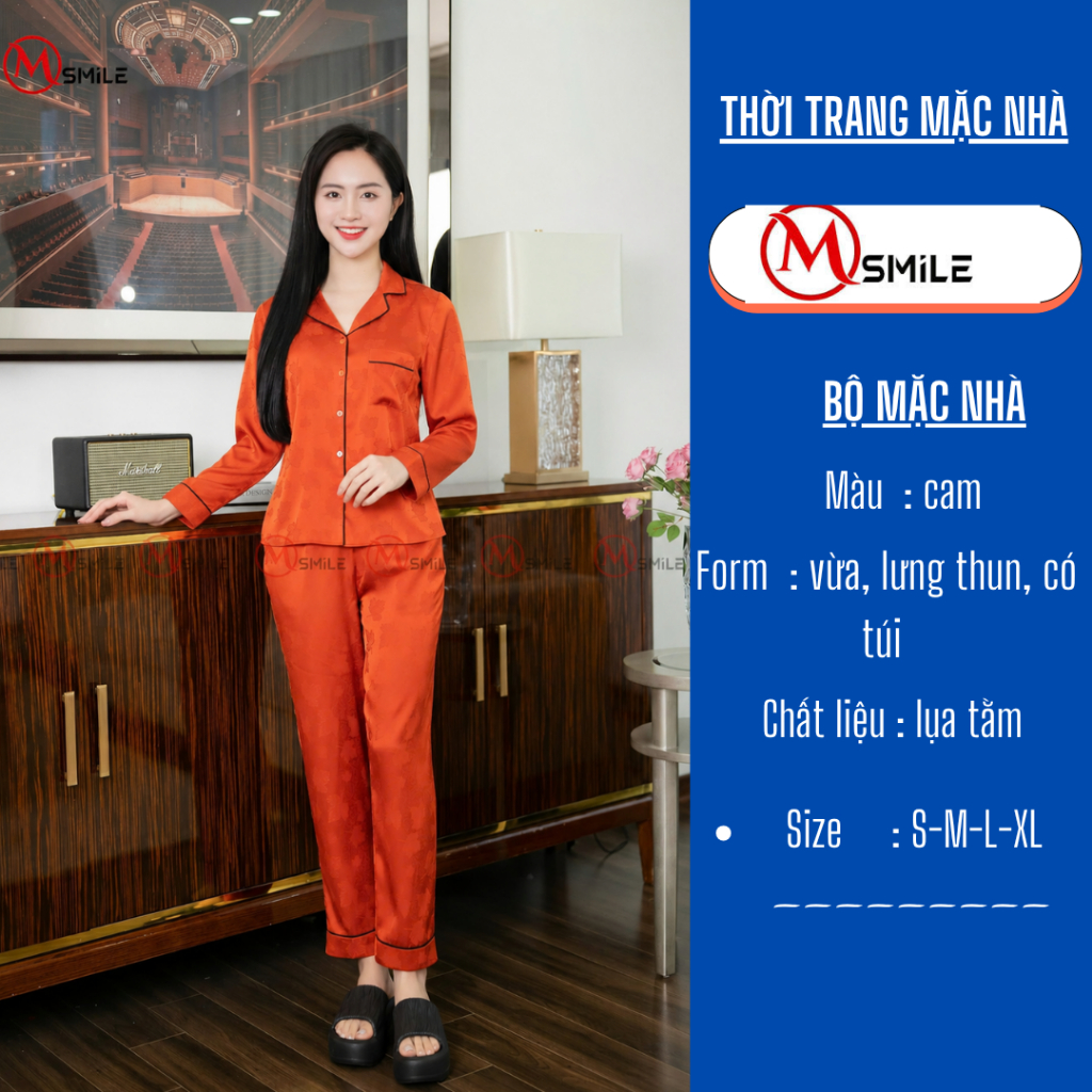 Bộ mặc nhà pijama Msmile cao cấp tay dài chất lụa tằm sang trọng họa tiết hoa màu cam 329