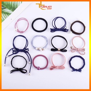 Set 12 Dây Buộc Tóc Hộp Tròn Cho Nữ - Dây Cột Tóc Hàn Quốc Co Giãn Tốt, Đính Ngọc Trai Nơ Xinh, Không Đau Tóc (Đủ màu)