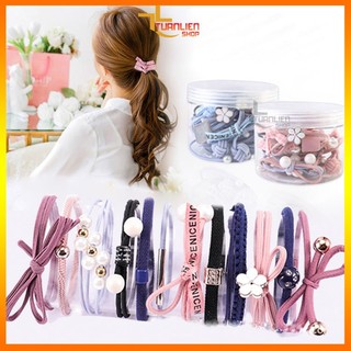Set 12 Dây Buộc Tóc Hộp Tròn Cho Nữ - Dây Cột Tóc Hàn Quốc Co Giãn Tốt, Đính Ngọc Trai Nơ Xinh, Không Đau Tóc (Đủ màu)