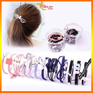 Set 12 Dây Buộc Tóc Hộp Tròn Cho Nữ - Dây Cột Tóc Hàn Quốc Co Giãn Tốt, Đính Ngọc Trai Nơ Xinh, Không Đau Tóc (Đủ màu)