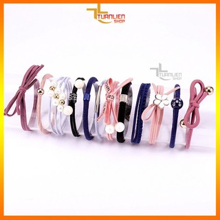 Set 12 Dây Buộc Tóc Hộp Tròn Cho Nữ - Dây Cột Tóc Hàn Quốc Co Giãn Tốt, Đính Ngọc Trai Nơ Xinh, Không Đau Tóc (Đủ màu)