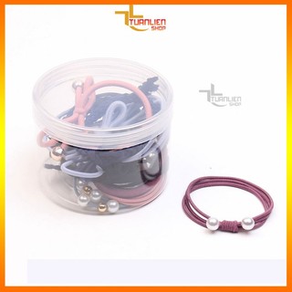 Set 12 Dây Buộc Tóc Hộp Tròn Cho Nữ - Dây Cột Tóc Hàn Quốc Co Giãn Tốt, Đính Ngọc Trai Nơ Xinh, Không Đau Tóc (Đủ màu)