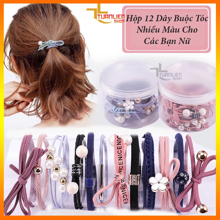 Set 12 Dây Buộc Tóc Hộp Tròn Cho Nữ - Dây Cột Tóc Hàn Quốc Co Giãn Tốt, Đính Ngọc Trai Nơ Xinh, Không Đau Tóc (Đủ màu)