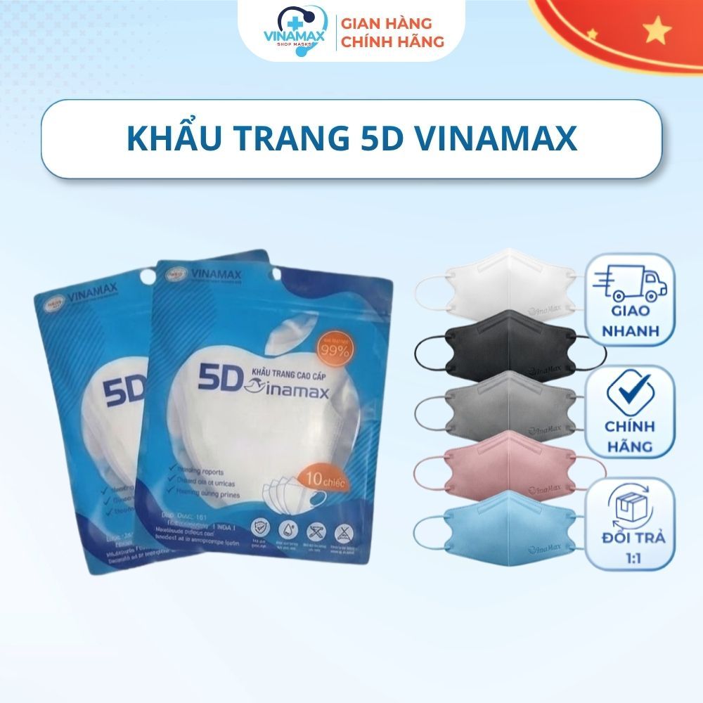 Combo 500 khẩu trang 5d vinamax chính hãng, không xù lông, quai đeo êm tai