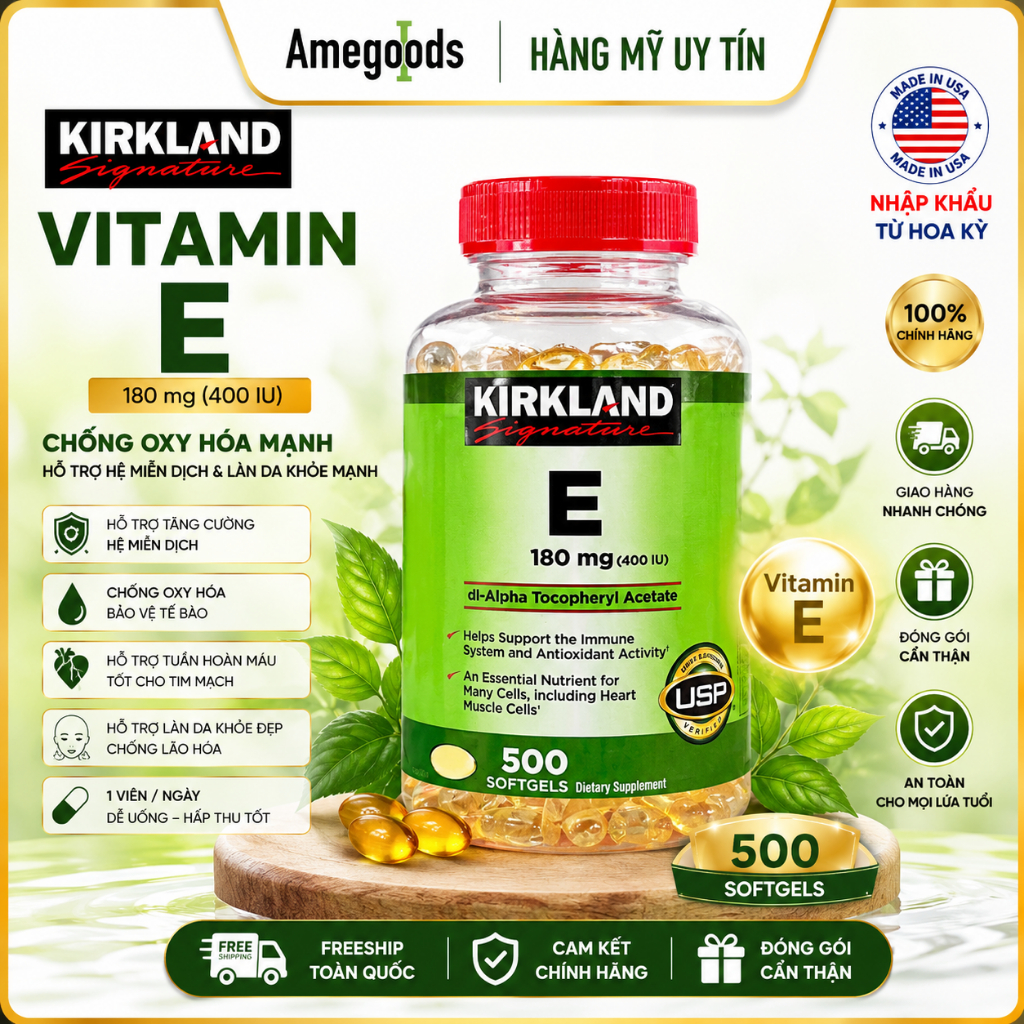 Viên Uống Kirkland Signature Vitamin E Sáng Da Mịn 180mg, 500 Viên