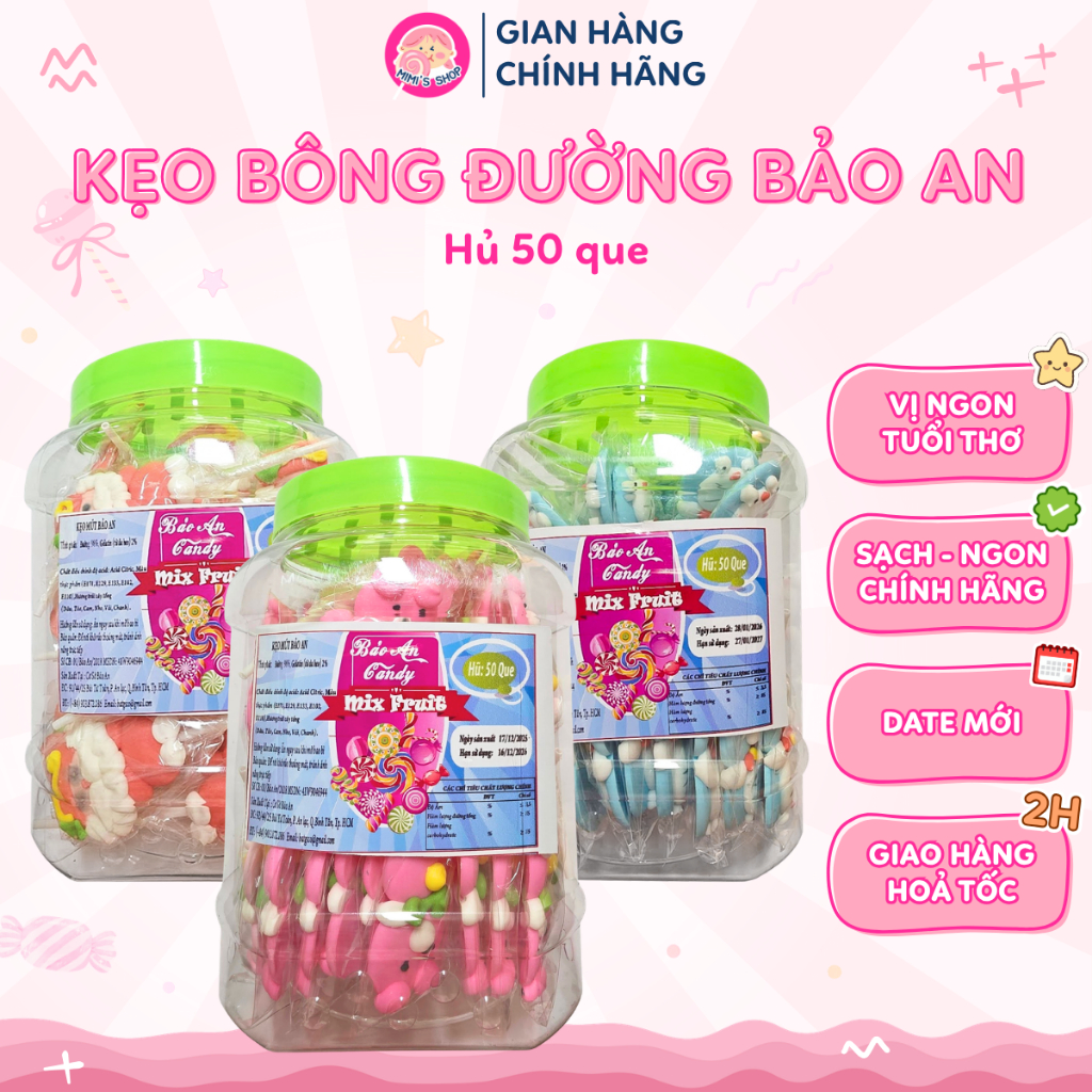 Kẹo Bông Đường Bảo An (50 Que), Kẹo Đường Nhiều Hình, Hương Vị Trái Cây, Ăn Vặt Cho Bé | Mimi's Shop