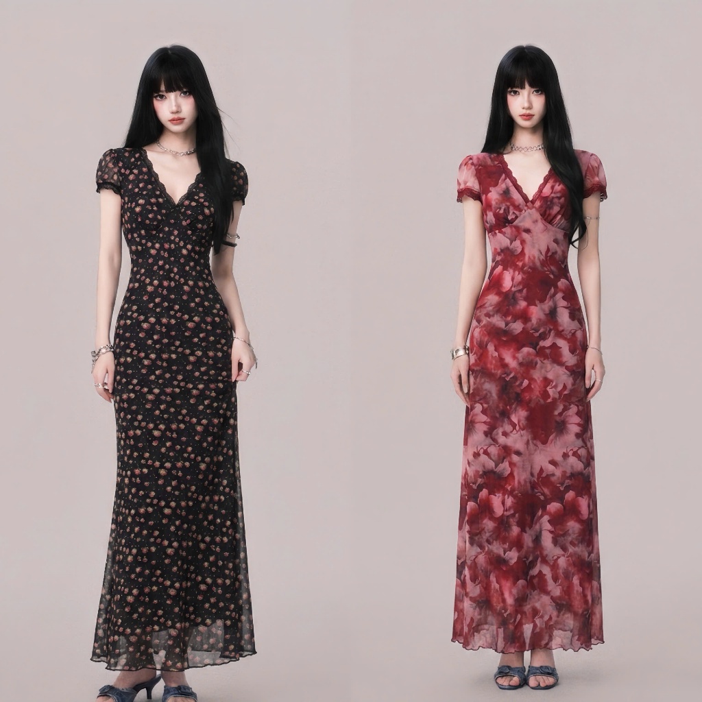 ( SIMI.STUDIO ) Váy Body Lưới Có Tay Cổ V Viền Ren D406 / Đầm Body Hoạ Tiết 2026