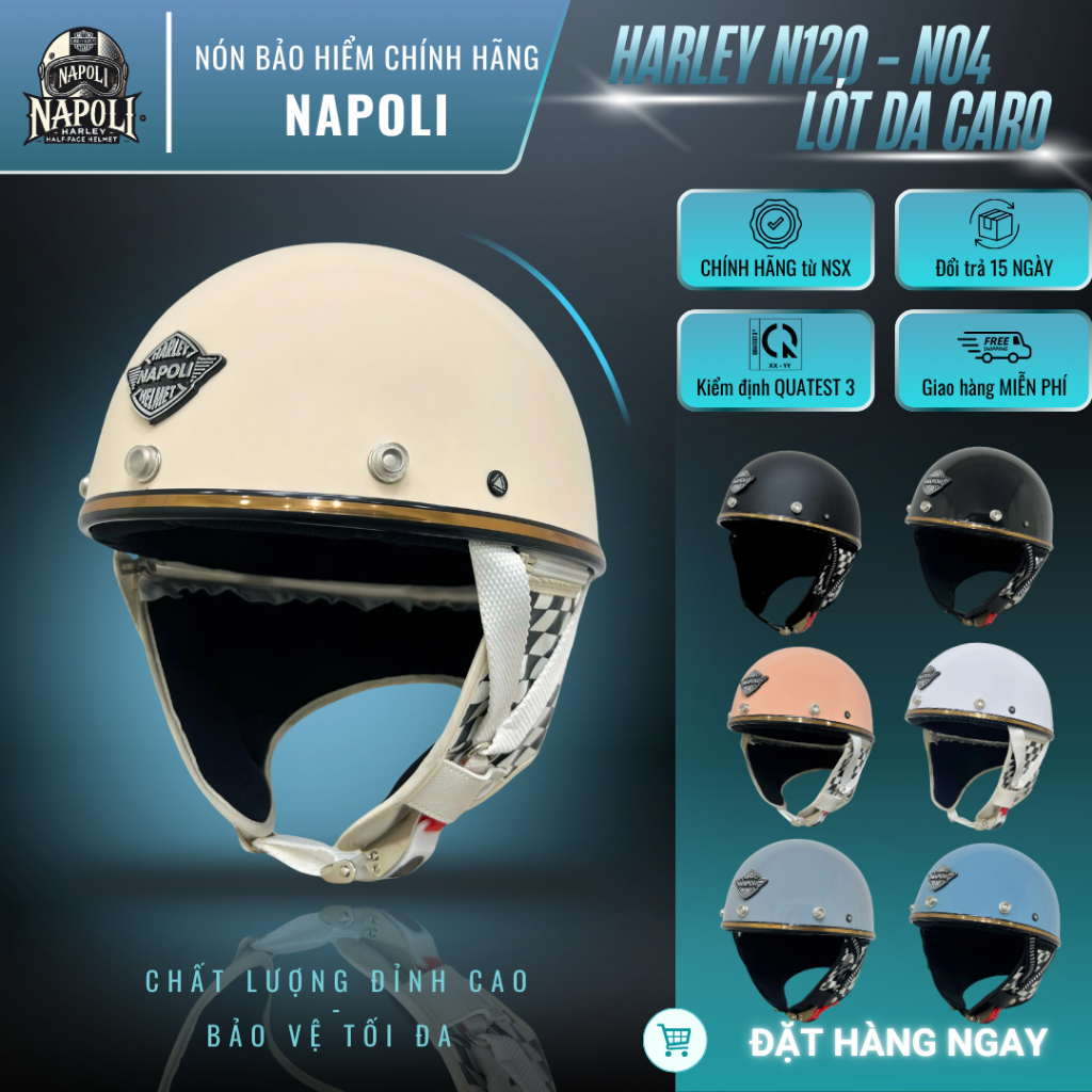 Mũ Bảo Hiểm 1/2 Napoli Harley Lót Caro CHÍNH HÃNG- Nón Bảo Hiểm Nửa Đầu Napoli Harley N120 - N04