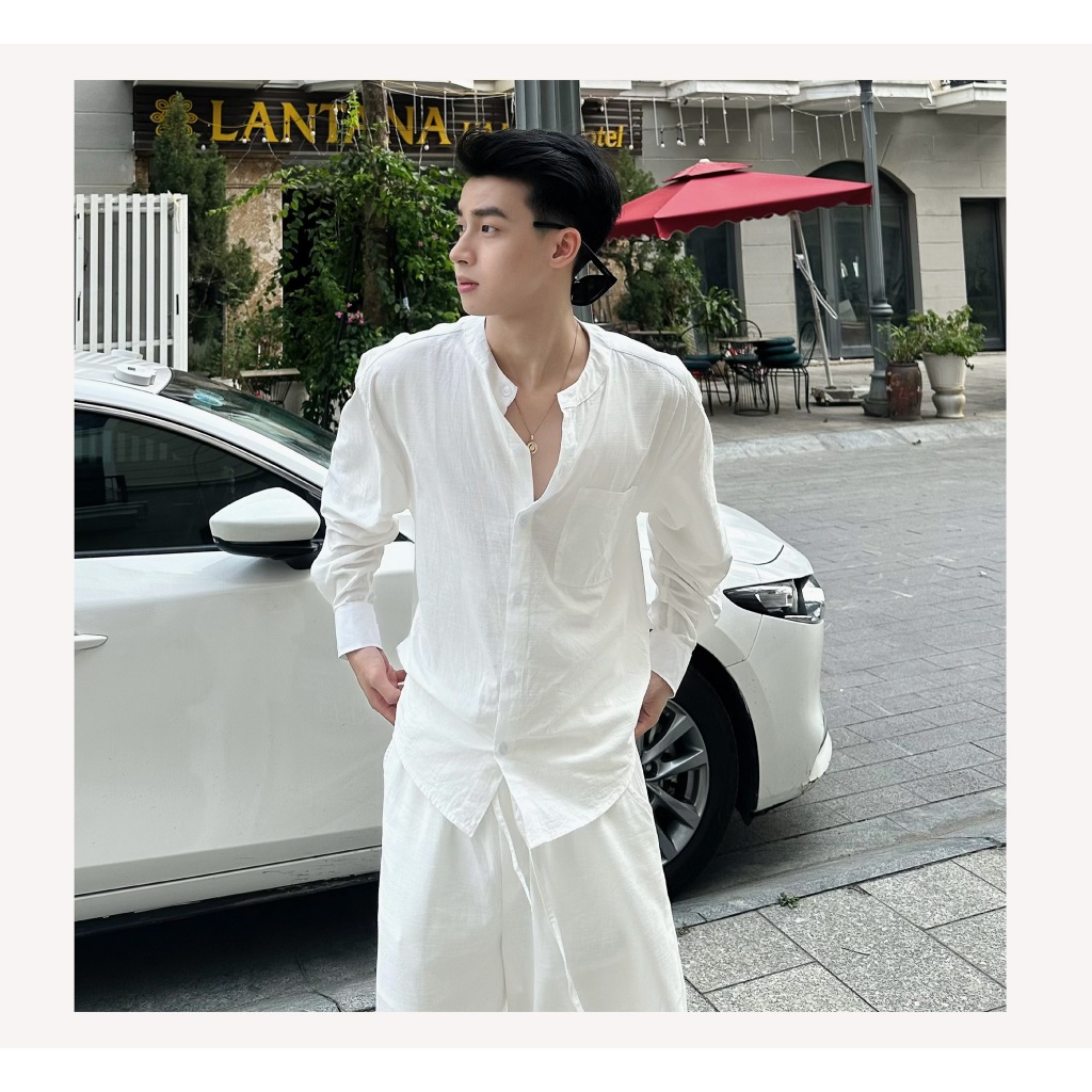 Đồ Bộ Nam GODMOTHER Set Sơ Mi Đũi Dài Tay Cổ Trụ Form Rộng Đi Biển Mùa Hè Cao Cấp | BigBuy360 - bigbuy360.vn