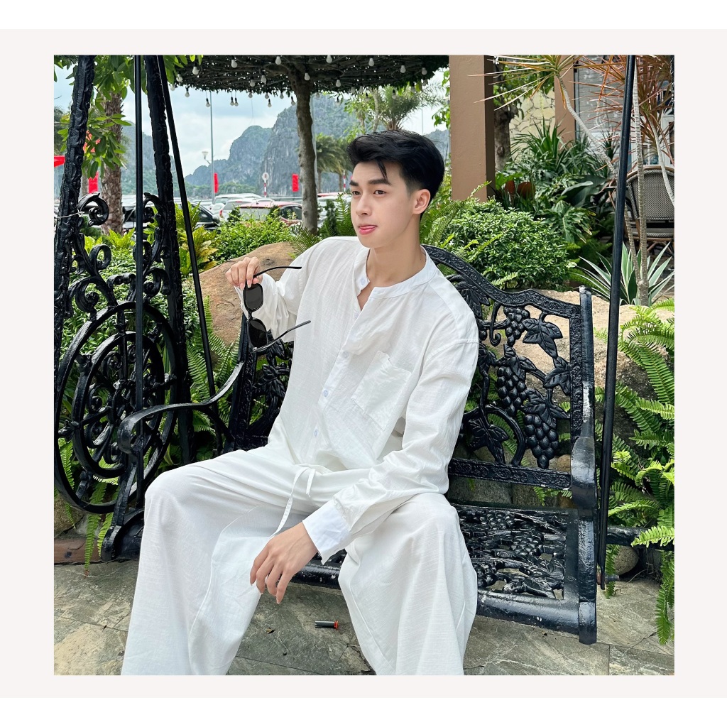 Đồ Bộ Nam GODMOTHER Set Sơ Mi Đũi Dài Tay Cổ Trụ Form Rộng Đi Biển Mùa Hè Cao Cấp | BigBuy360 - bigbuy360.vn