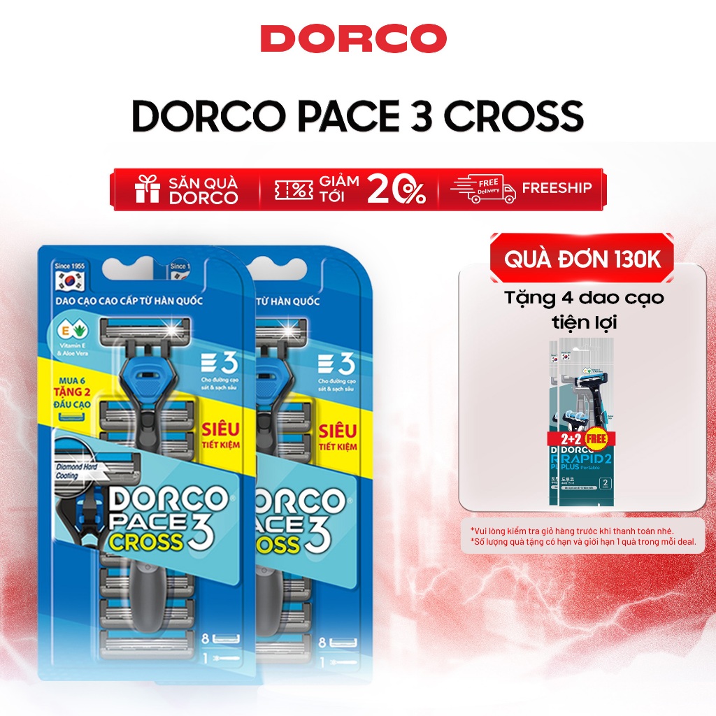 Combo 2 Dao Cạo Râu Hàn Quốc 3 Lưỡi DORCO PACE 3 CROSS - 2xTRC1008(6+2)-B - Gồm 2 Cán và 16 Đầu Cạo