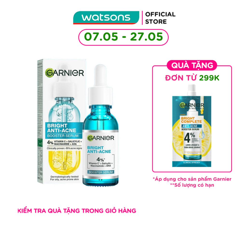 Dưỡng Chất Garnier Giảm Mụn Sáng Da Skin Naturals Bright Complete Anti-Acne Booster Serum 30ml