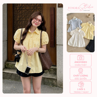 Áo sơ mi nhún cách điệu ở cổ dáng babydoll tay bồng chất thô mềm màu trơn basic - ECHORA STUDIO