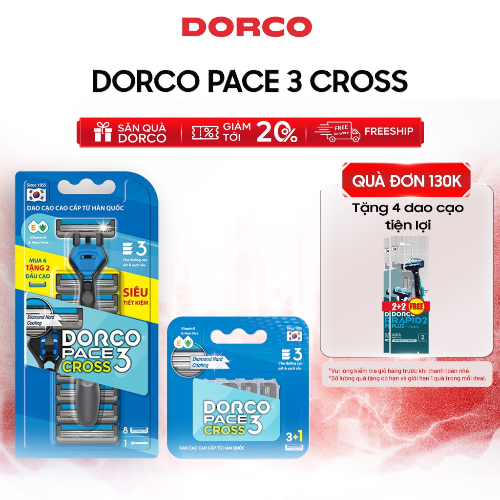 Combo Dao Cạo Râu Hàn Quốc 3 Lưỡi DORCO PACE 3 CROSS - TRC1008(6+2)-B & (PRM)TRC1040(3+1)-B - Gồm 1 