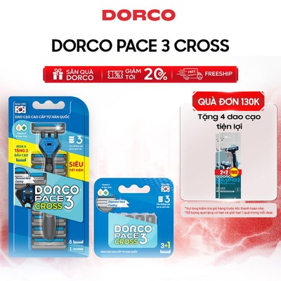 Combo Dao Cạo Râu Hàn Quốc 3 Lưỡi DORCO PACE 3 CROSS - TRC1008(6+2)-B & (PRM)TRC1040(3+1)-B - Gồm 1 Cán và 12 Đầu Cạo