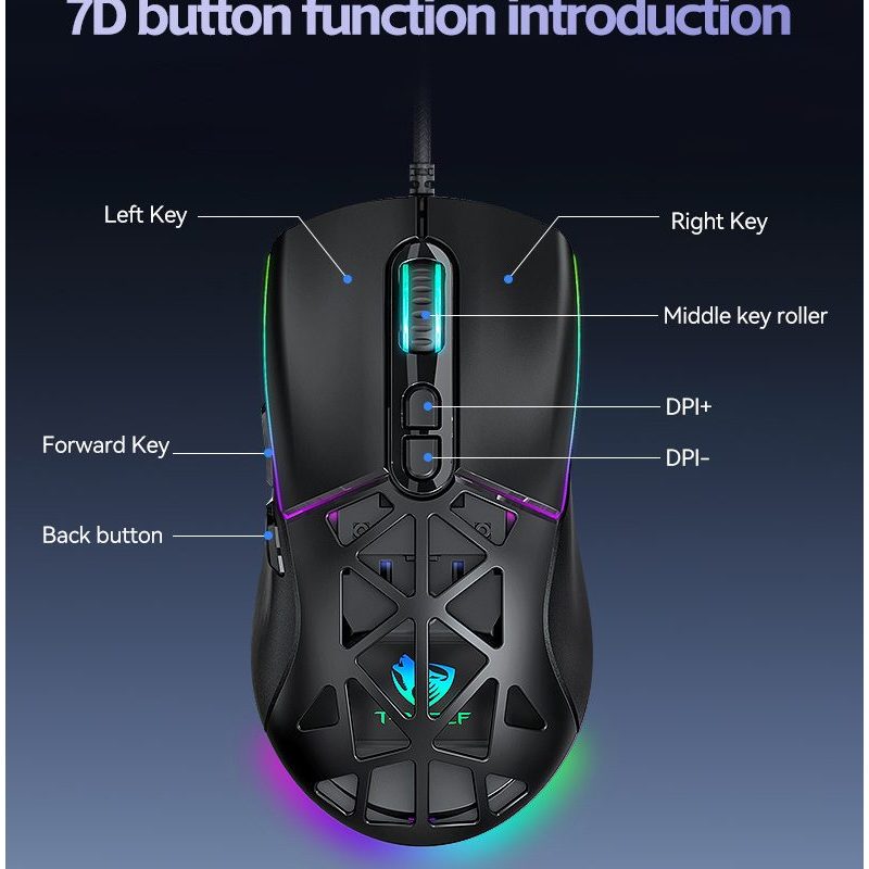 Chuột có dây T-WOLF G520, 7 nút bấm và tuổi thọ lên đến khoảng 10 triệu lần nhấn, bảo hành 12 tháng