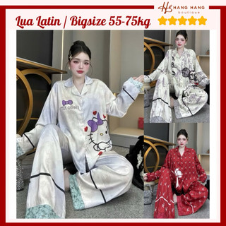 Bộ đồ ngủ pijama nữ bigsize 55-75kg dài tay viền ren lụa lạnh latin mịn mát 75DD03 đồ bộ nữ mặc nhà dễ thương sang chảnh
