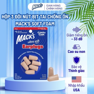 Hộp 3 đôi nút bịt tai chống ồn Mack's Soft Foam Siêu mềm sử dụng cho việc ngủ, học tập, làm việc, đi du lịch