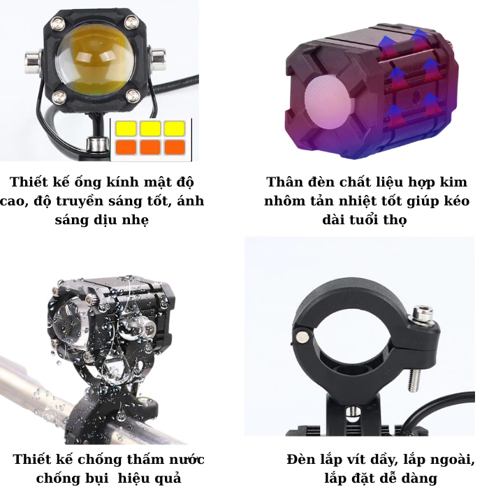 Đèn trợ sáng bi cầu mắt quỷ mini w2 48v cho xe máy xe điện - 4 chế độ tích hợp auto passing (Giá 1 Đ