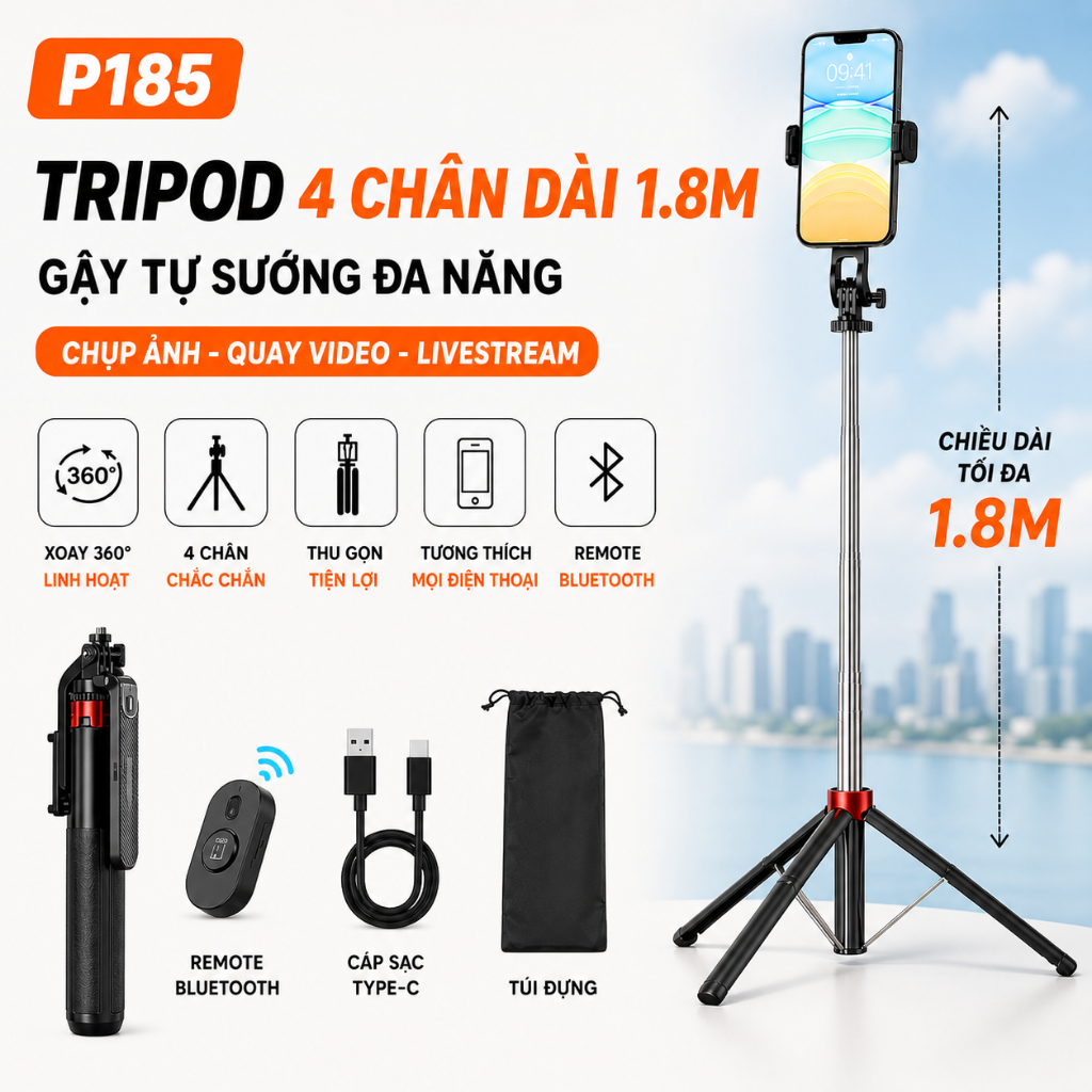 Gậy chụp ảnh 4 chân P185,Tripod điện thoại livestream - quay phim -kéo dài 180cm - có remote