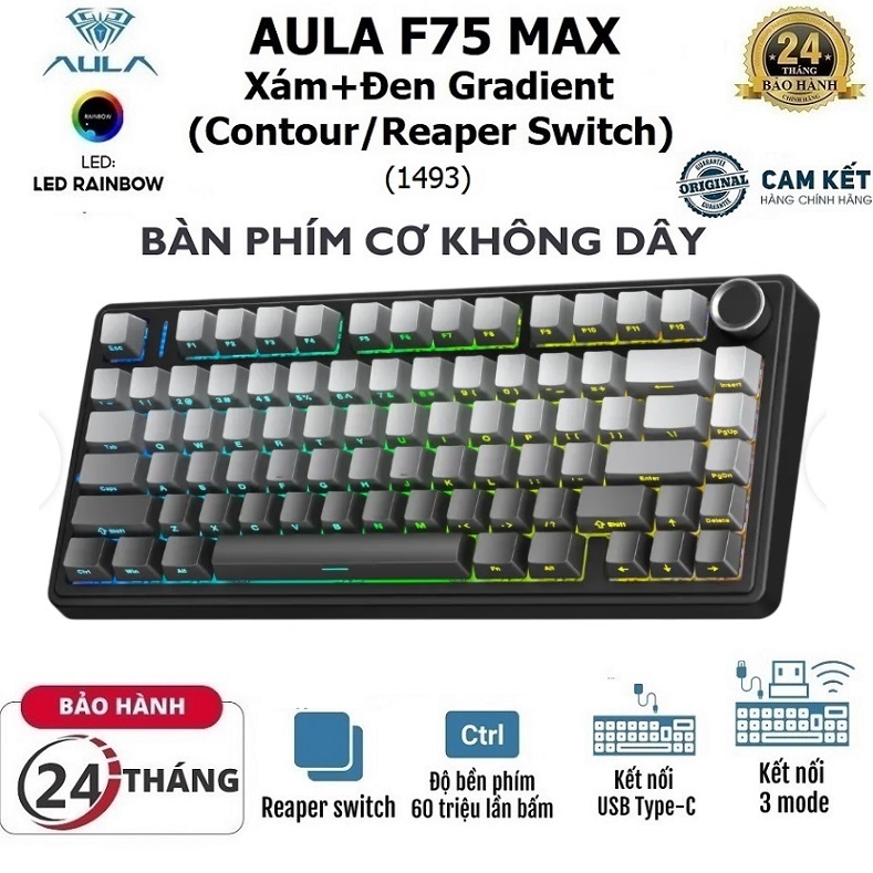 Bàn phím cơ Gaming 3 MODE chính hãng AULA F75 MAX (1493) - Phiên bản Xám + Đen Gradient contour/ Rea