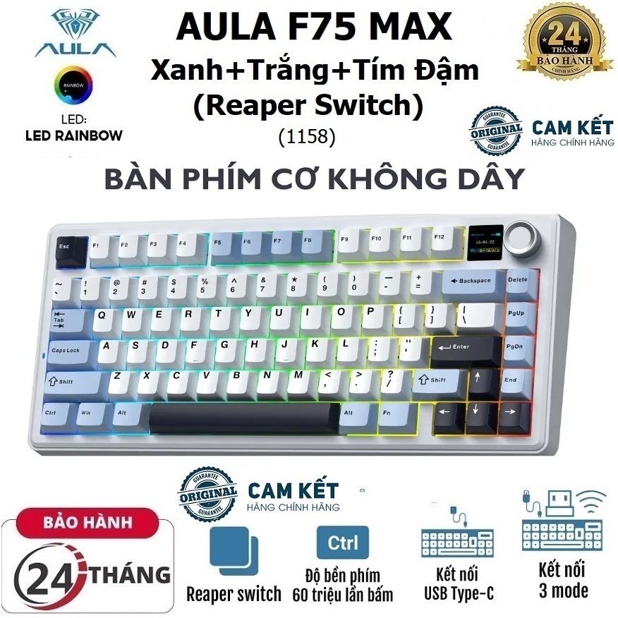 Bàn phím cơ Gaming 3 MODE chính hãng AULA F75 MAX (1158) - Phiên bản Xanh + Trắng + Tím đậm/ Reaper 