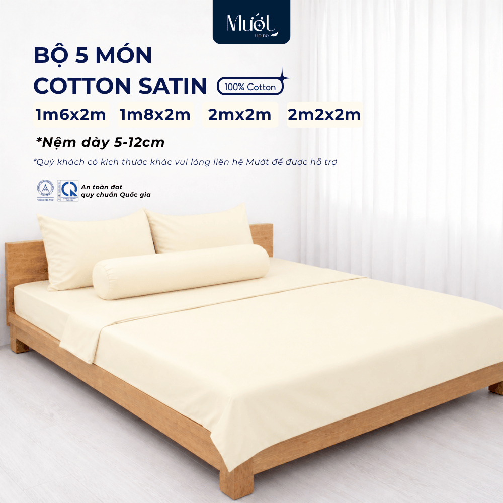Bộ ga gối 5 món nệm kích thước 1m6x2m, 1m8x2m, 2mx2m, 2m2x2m (Dày 5-12cm) Cotton Satin Mướt Home cao