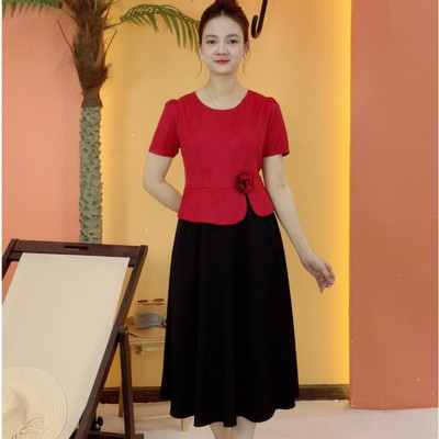 Đầm xòe trung niên cho mẹ - Cổ tròn tay ngắn - Đỏ - TTV2068