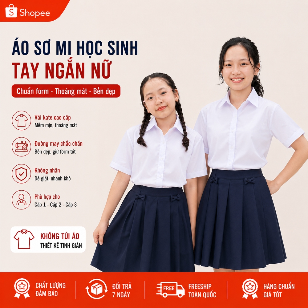 [Đủ size 12-50kg] Áo Sơ Mi Trắng Học Sinh Nữ Tay Ngắn (Có Chích Pen) - Đồng Phục Đi Học Cấp 1, Cấp 2