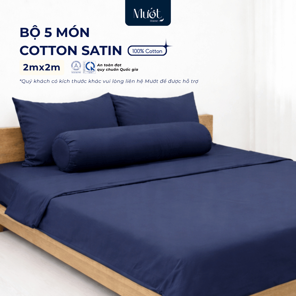 Bộ chăn ga gối 5 món nệm kích thước 2mx2m Cotton Satin Mướt Home cao cấp trơn màu