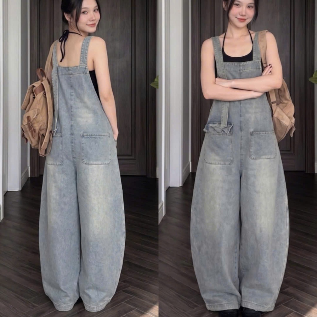 Quần yếm dài hai dây 4 túi màu jean xanh bụi retro,Yếm Rộng Ống Cong Baggy Thụng