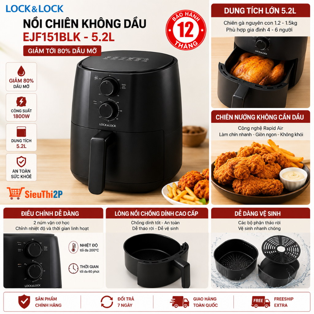 Nồi Chiên Không Dầu Lock&Lock EJF151BLK - Hàng chính hãng