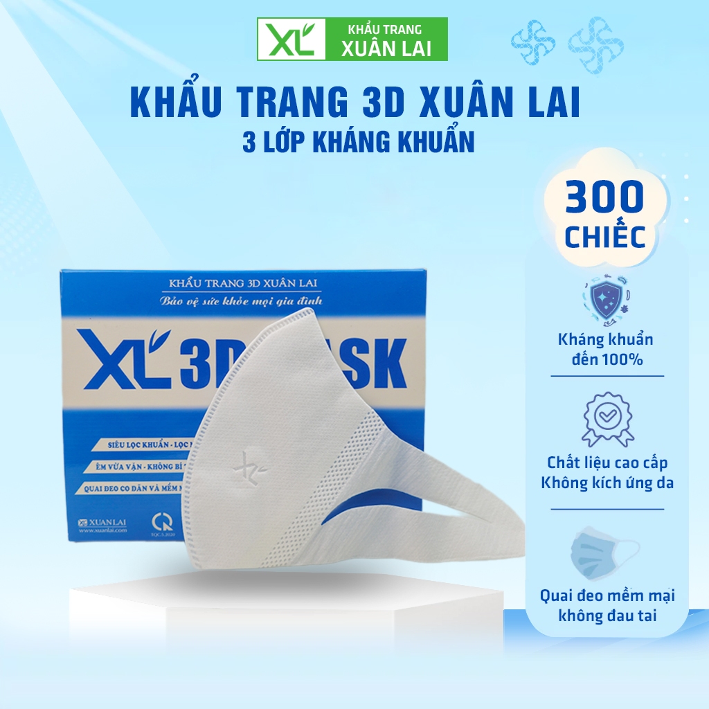 [50-300 Cái] Khẩu Trang 3D Xuân Lai 3 Lớp Kháng Khuẩn Quai Vải Mềm Đeo Không Đau Tai, Chống Bụi Mịn,