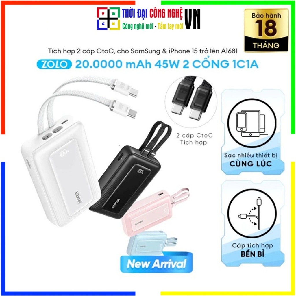 Sạc dự phòng Anker Zolo 20000mAh 45W A1681 tích hợp 2 cáp C – Chính hãng Viettel, BH 18 tháng